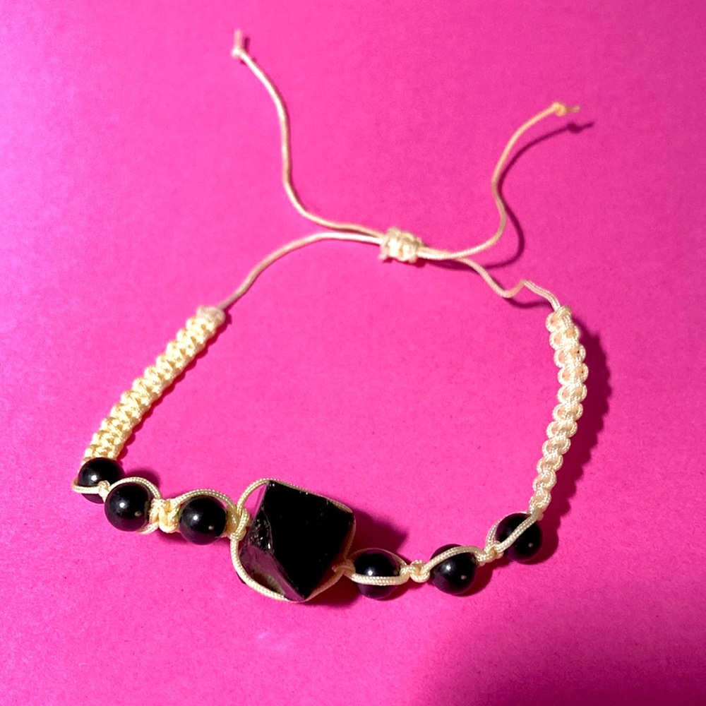 New expandable white twine bracelet with black beading. #bme2276